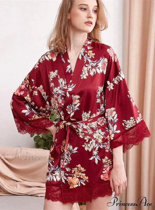 Silk Printed Bathrobe M / Burgundy Sleepwear