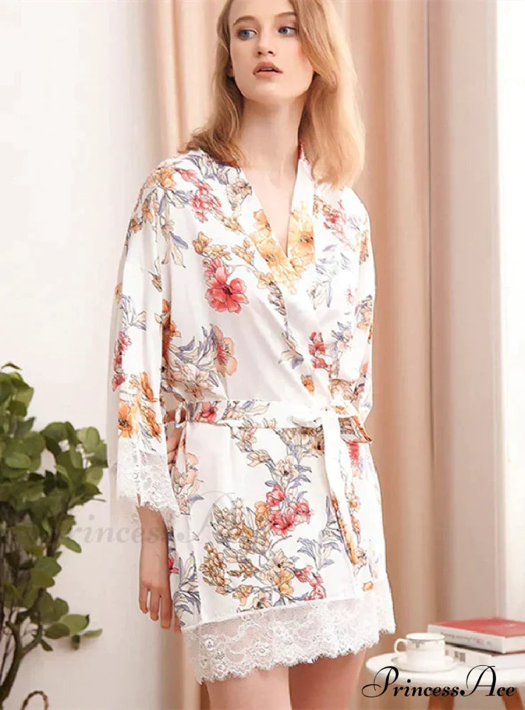 Silk Printed Bathrobe M / White Sleepwear