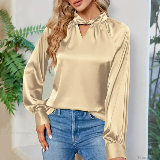 Silk Y2K White V-neck Long Sleeve Blouse Champagne / S blouse-250126