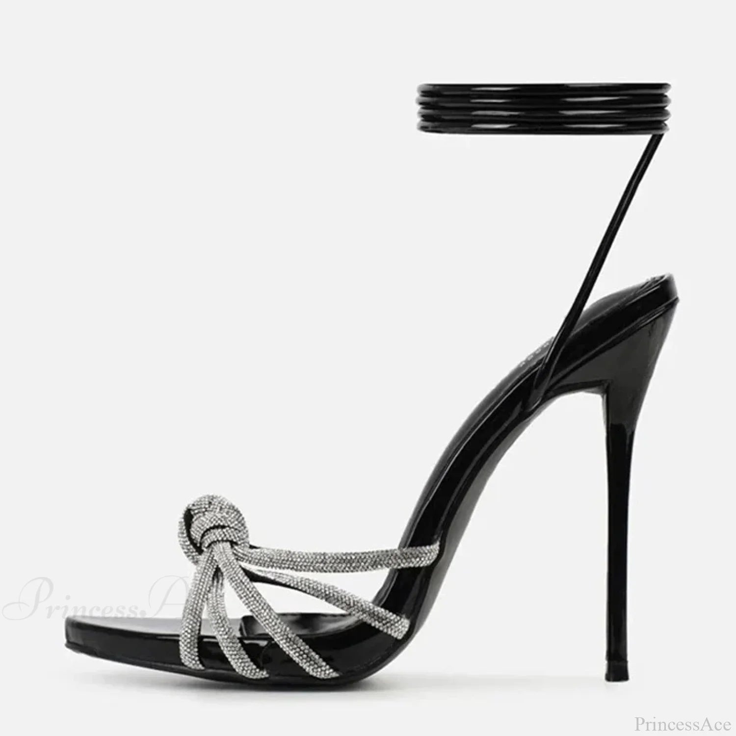 Silver Crystal Narrow-Band Sandals Summer Party Wedding Prom Open-Toe High Heels Women Heel Black /