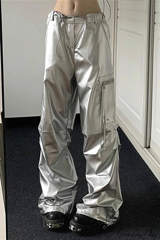 Silver Cuffed High Waist Cargo Pants White / S