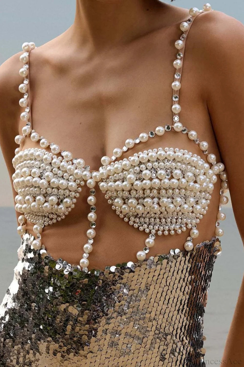 Silver Sequin Sexy Halter Backless Wedding Dress