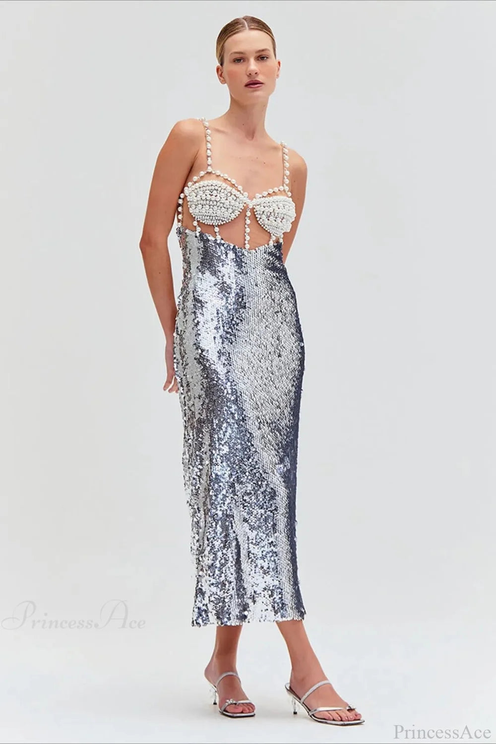 Silver Sequin Sexy Halter Backless Wedding Dress