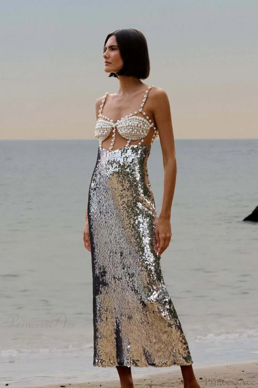 Silver Sequin Sexy Halter Backless Wedding Dress Silver / S