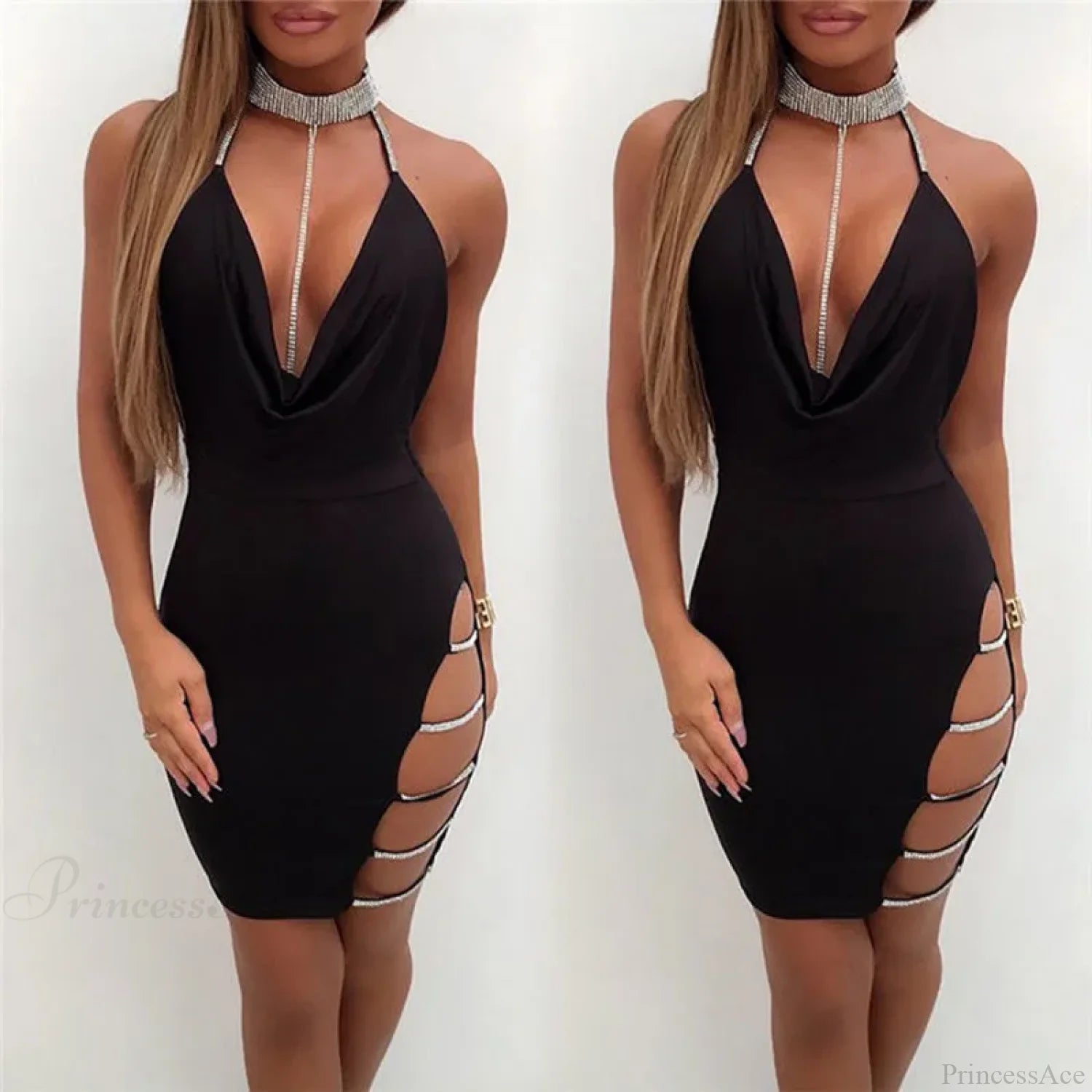 Silver Split Collar Mini Party Dress Partydress-241208