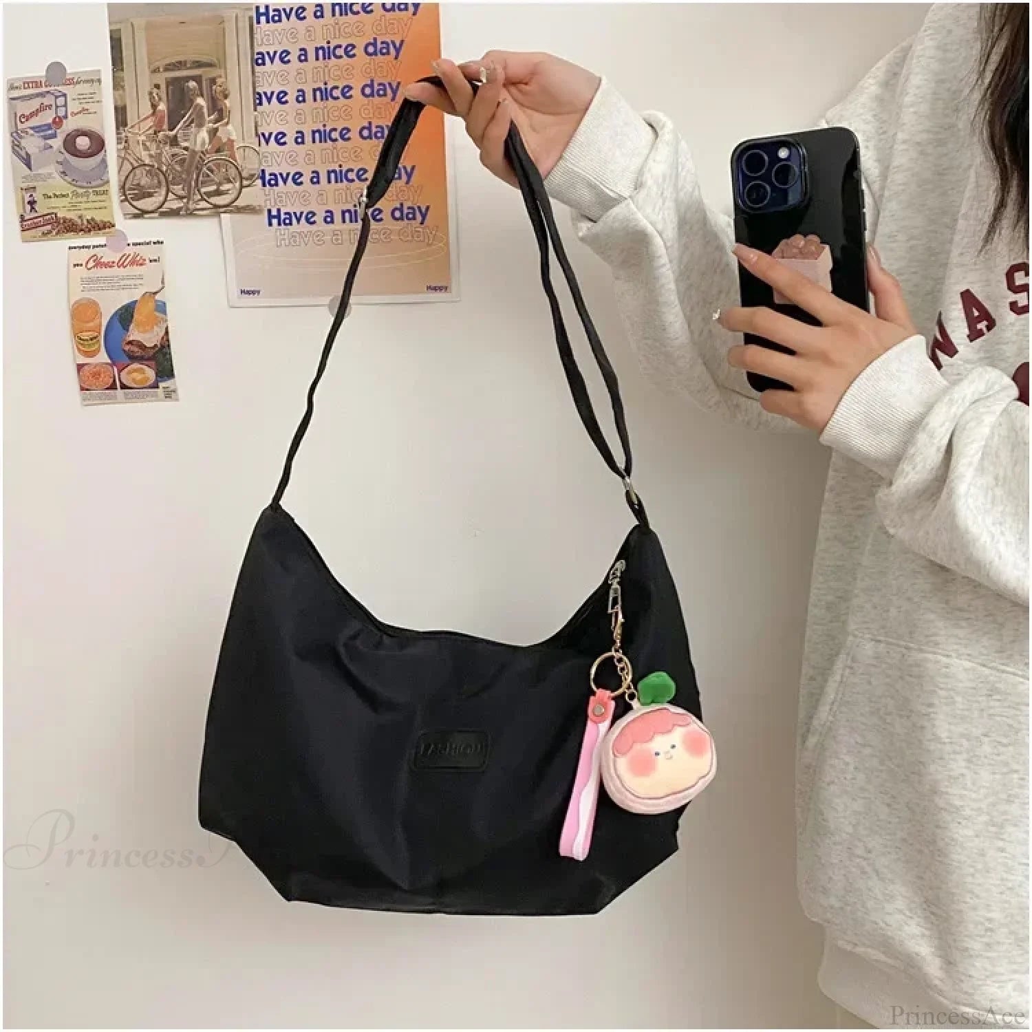 Simple College Style Nylon Large Crossbody Black / No plush pendant crossbody-250126
