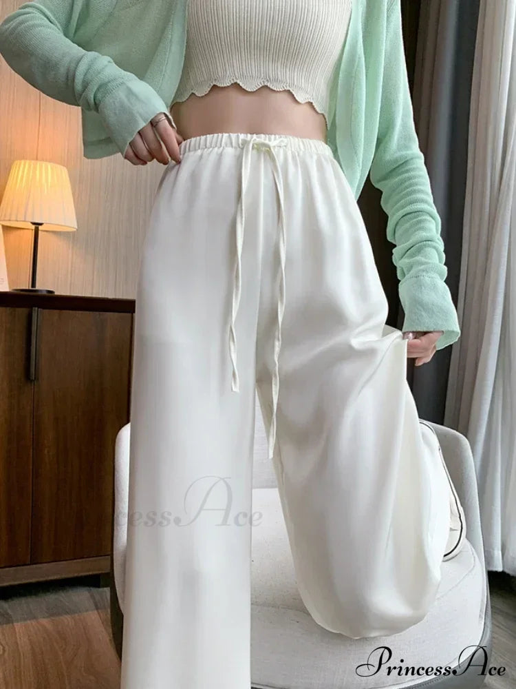 Simple Knitting Pit Strip Elastic Waist Mop Straight Tube Casual Pants Apricot / S