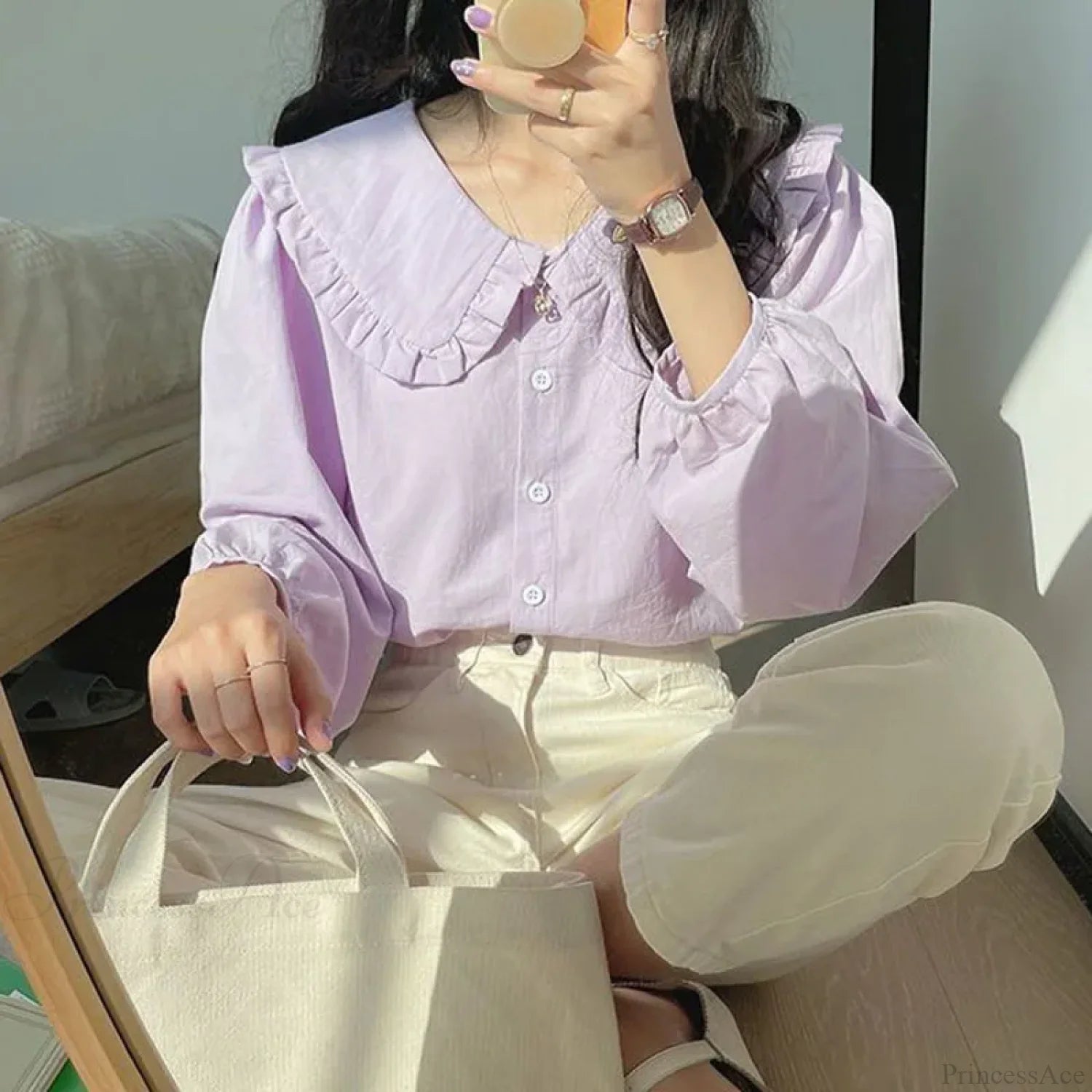 Simple Ruffles Single Breasted White Blouse Light Purple / S blouse-250223