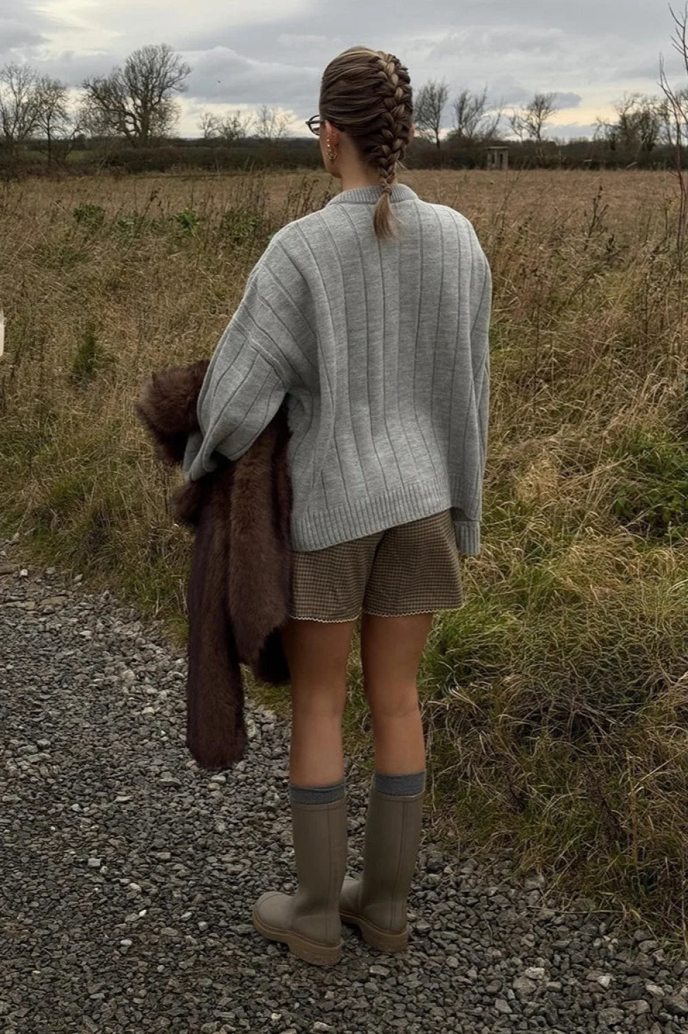Simple Solid Rib Crewneck Oversized Cardigan Sweater