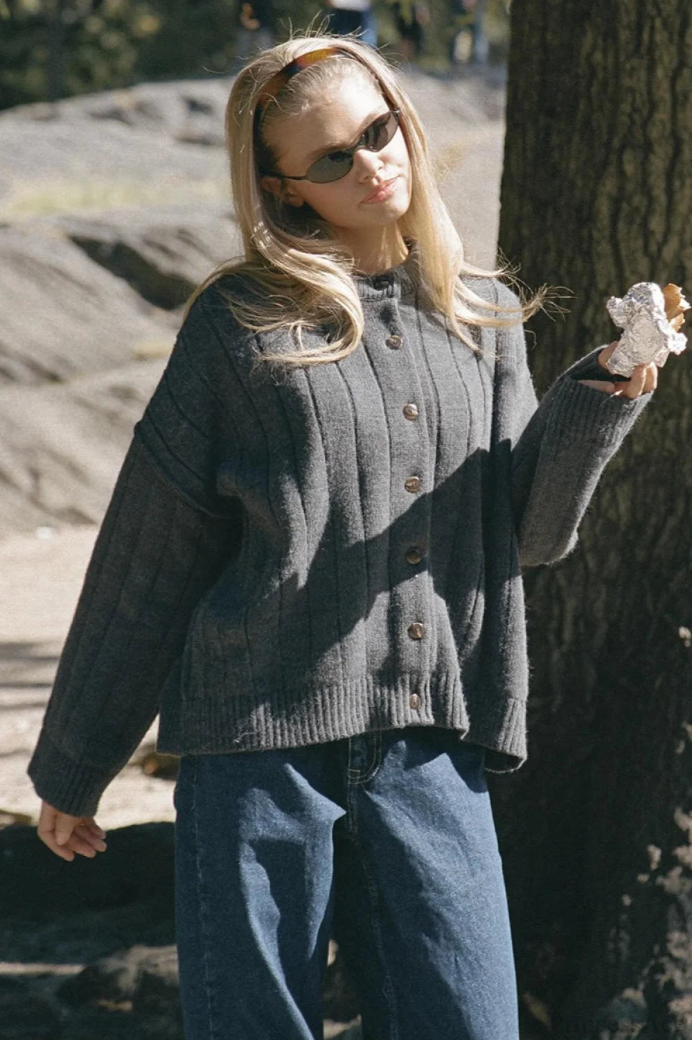 Simple Solid Rib Crewneck Oversized Cardigan Sweater Dark gray / S