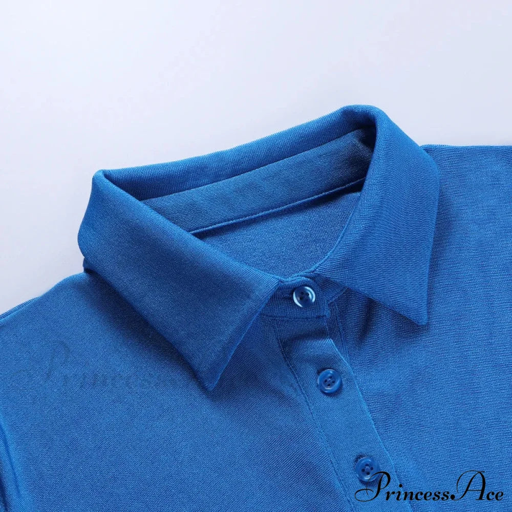 Single-Breasted Blue Short-Sleeved Splicing Lapel Short Casual Bodycon Dress