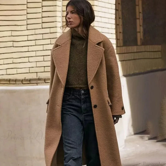 Single-Breasted Casual Woolen Overcoat Khaki / XS