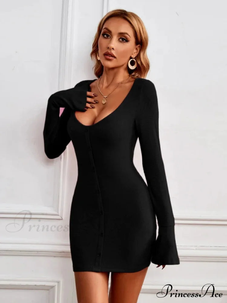 Single-Breasted Knitted Long-Sleeved Dress L / Fuchsia