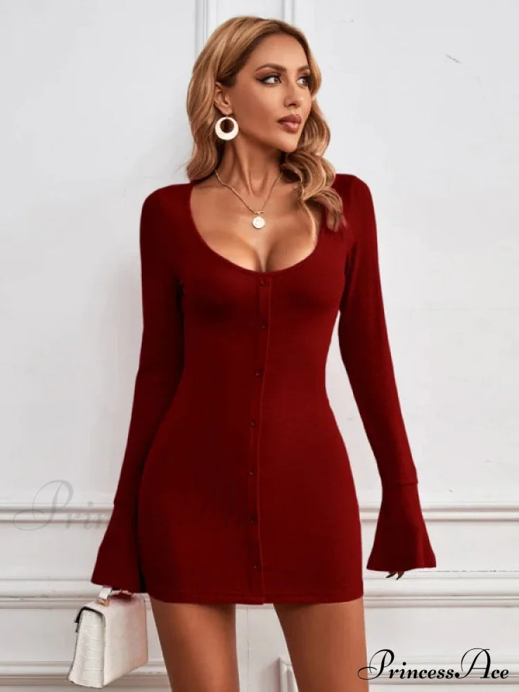 Single-Breasted Knitted Long-Sleeved Dress M / Fuchsia