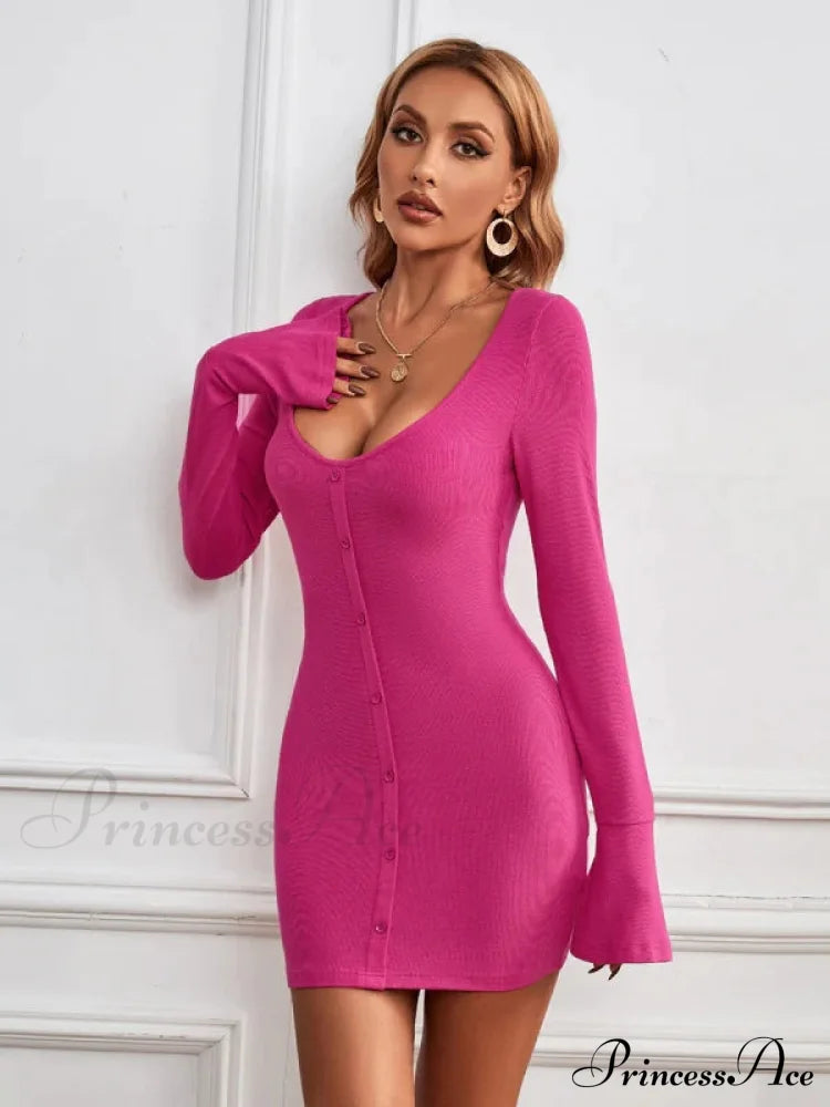 Single-Breasted Knitted Long-Sleeved Dress S / Black