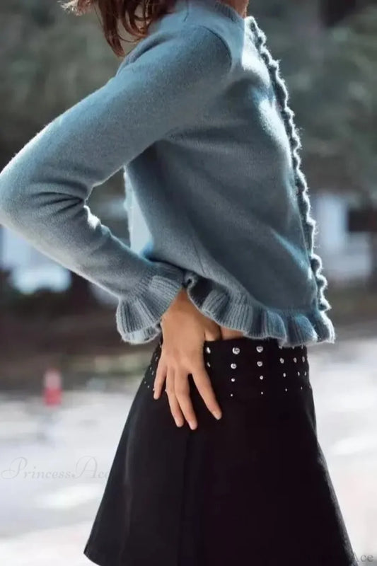 Single Breasted Ruffled Round Neck Cardigan