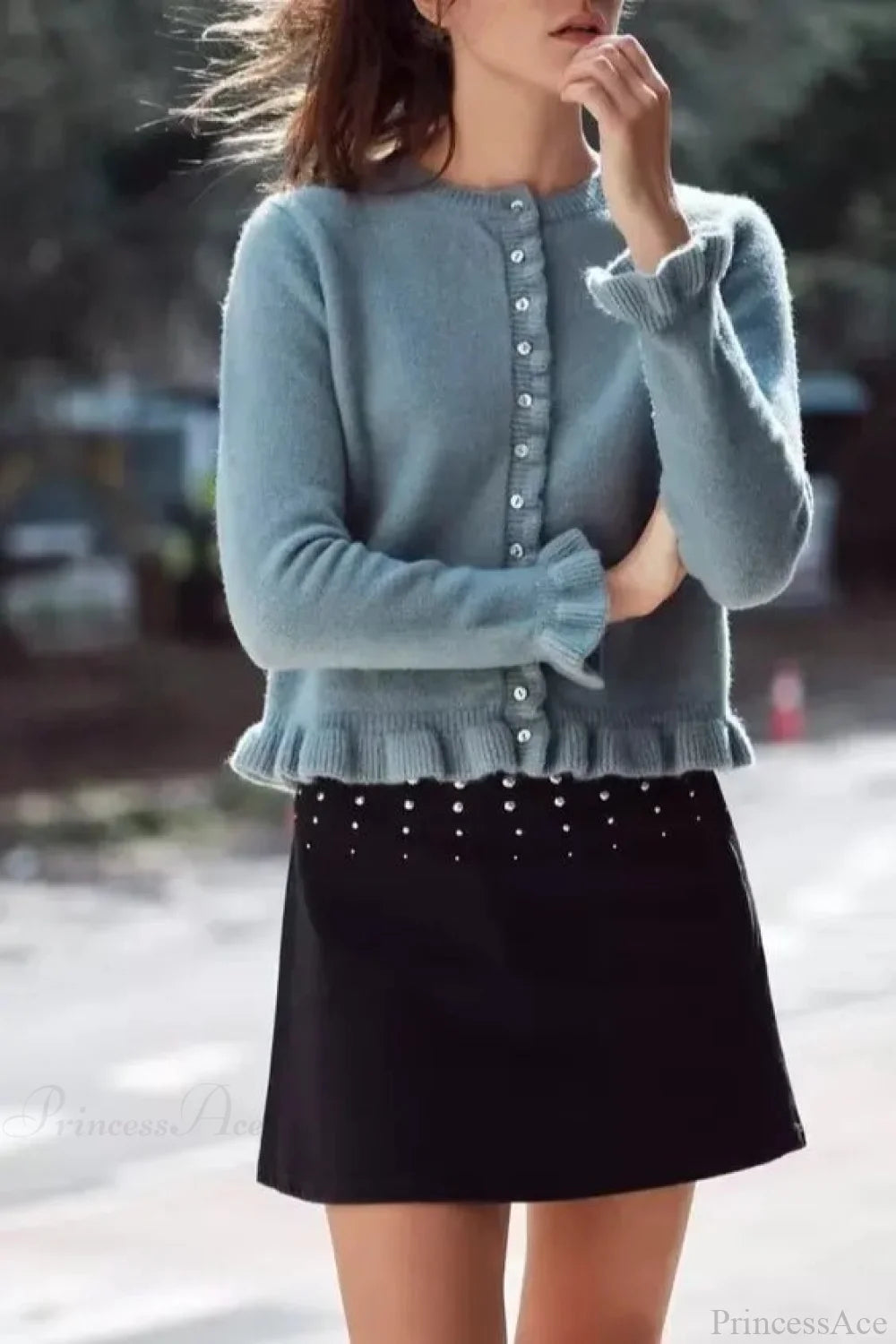 Single Breasted Ruffled Round Neck Cardigan Blue / S