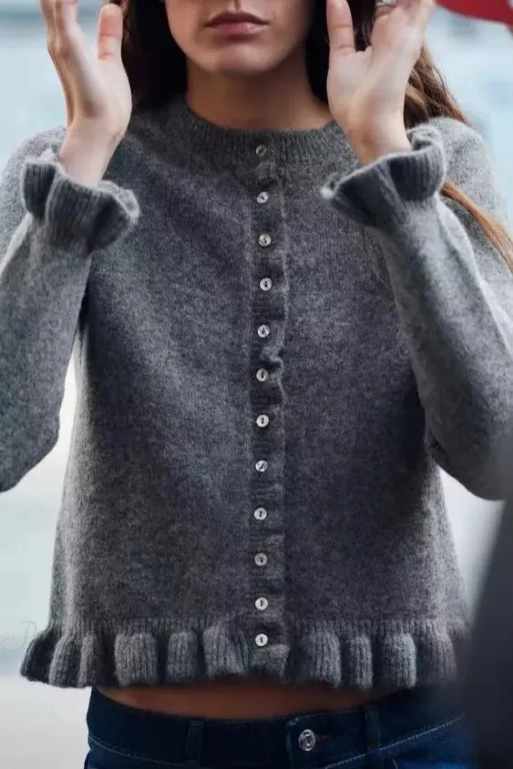 Single Breasted Ruffled Round Neck Cardigan Grey / S
