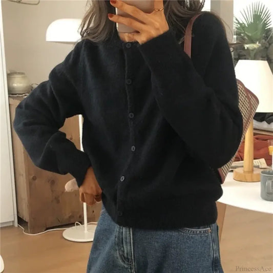 Single Breasted Solid Round Neck Knitted Cardigan Black / One Size cardiagn-250126