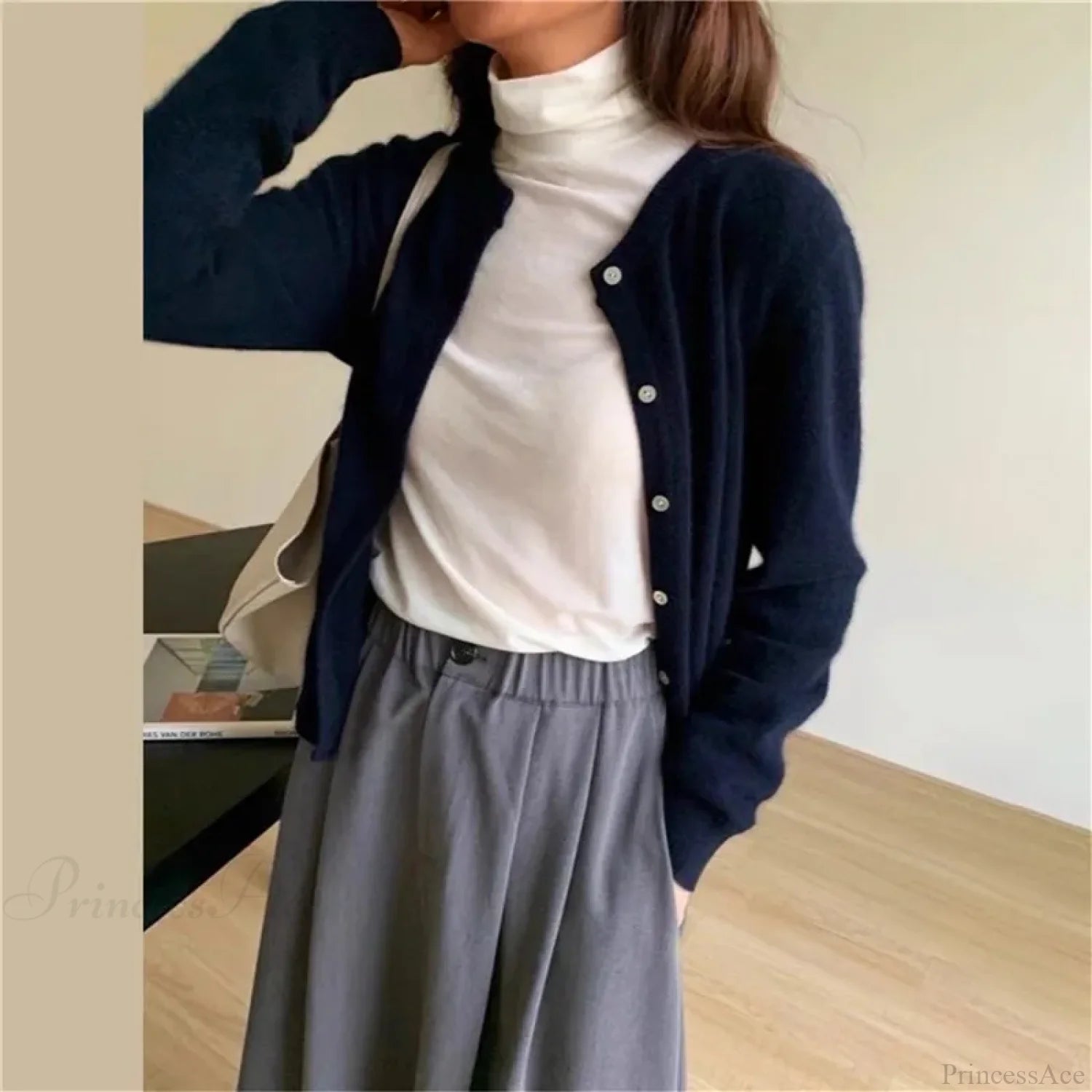 Single Breasted Solid Round Neck Knitted Cardigan Navy / One Size cardiagn-250126