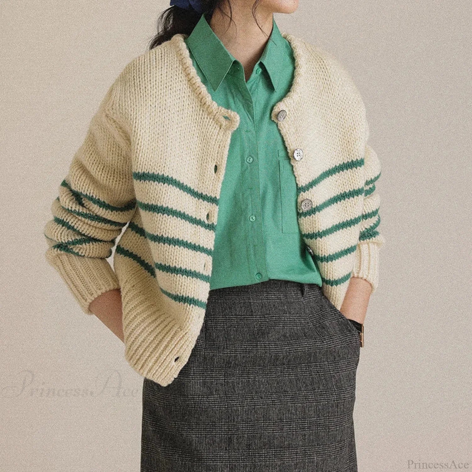 Single-breasted Striped Knit Cardigan GREEN / One Size