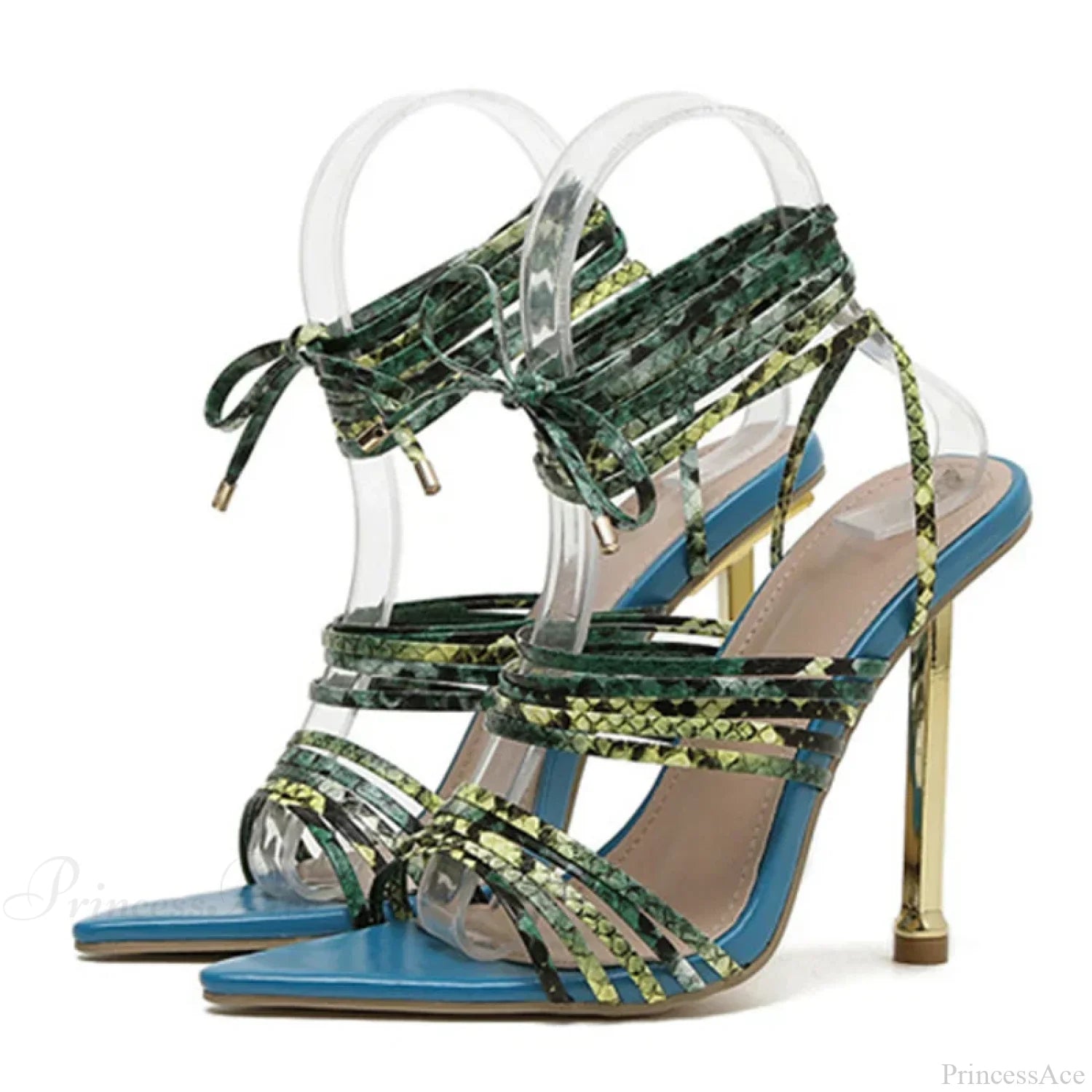 Size-35-42 Red Blue Thin High-Heels Sandals Pointed-Toe Snake-Print Lace-Up Summer Women Pumps High Heel