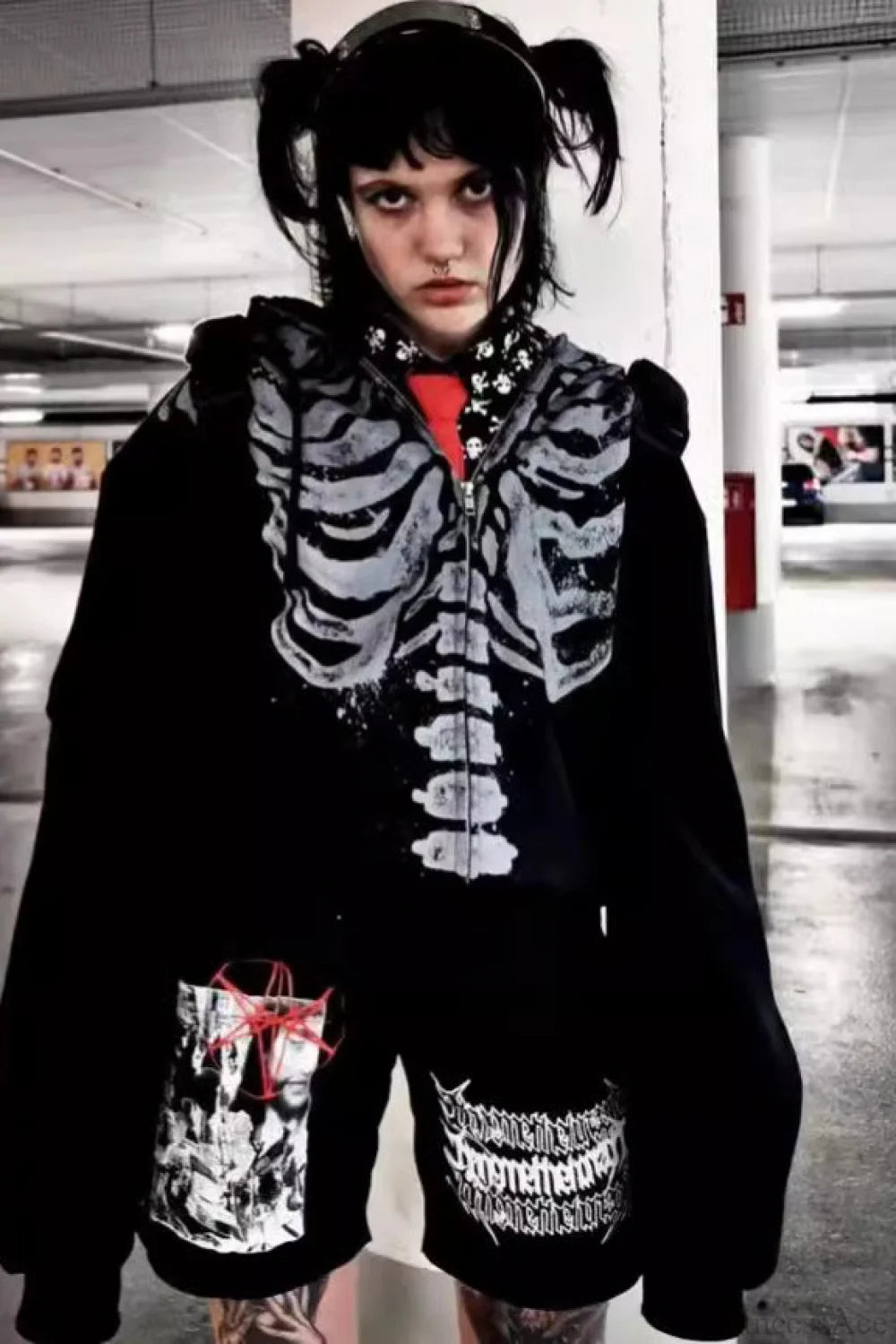Skeleton Print Oversized Hoodie Black / S