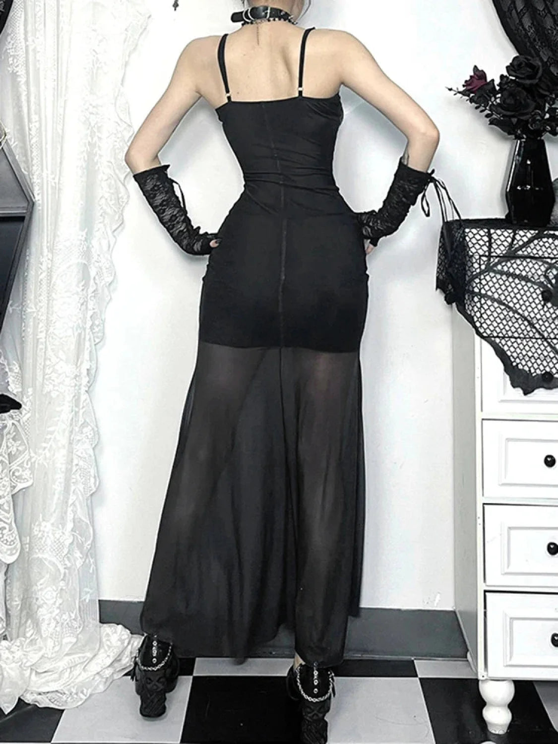 Skeleton Rose Pocket Neck Maxi Dress