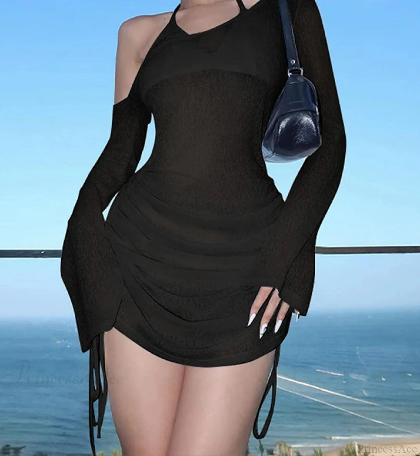 Skew Collar Drawstring Mini Dress Black / XS minidress-250223