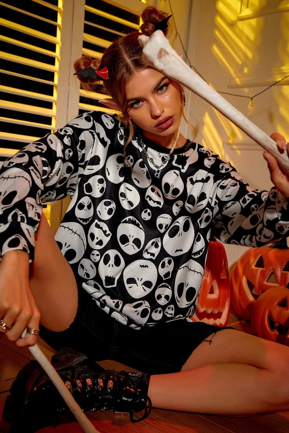 Skull Print Loose Pullover Hoodie Black / S