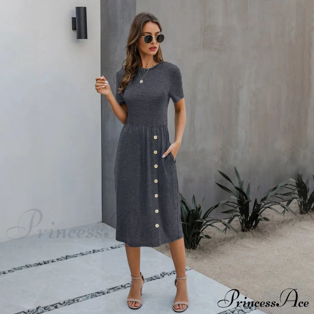 Slant Pocket Button Detail Dress Dark Gray __stock:200 casual dresses clothes dresses refund_fee:1200 show-color-swatches