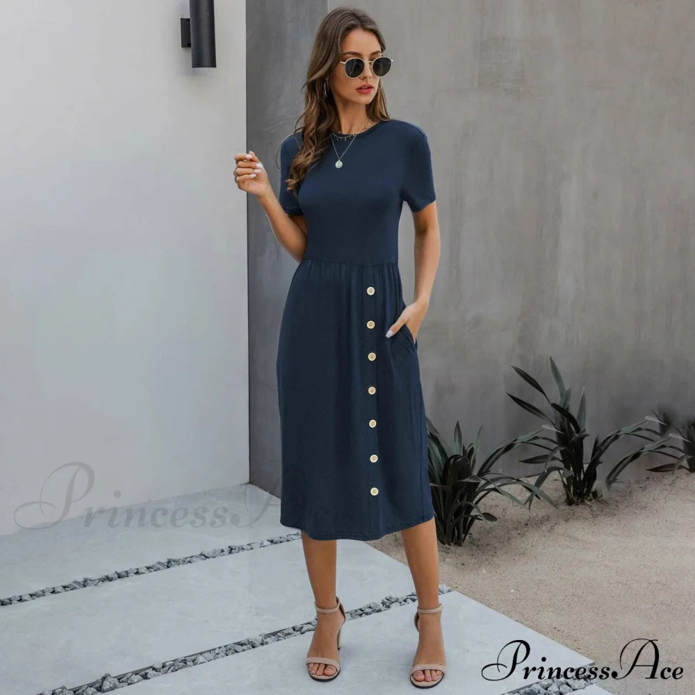 Slant Pocket Button Detail Dress Navy Blue __stock:200 casual dresses clothes dresses refund_fee:1200 show-color-swatches