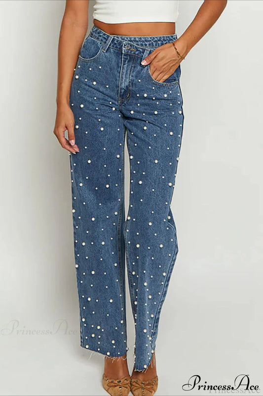 Slanted Waist Crisscross Beaded Frayed Straight Leg Jeans