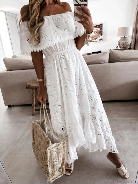 Slash Neck Embroidery Lace Hollow Out Maxi White Boho Dress bohodress-250126