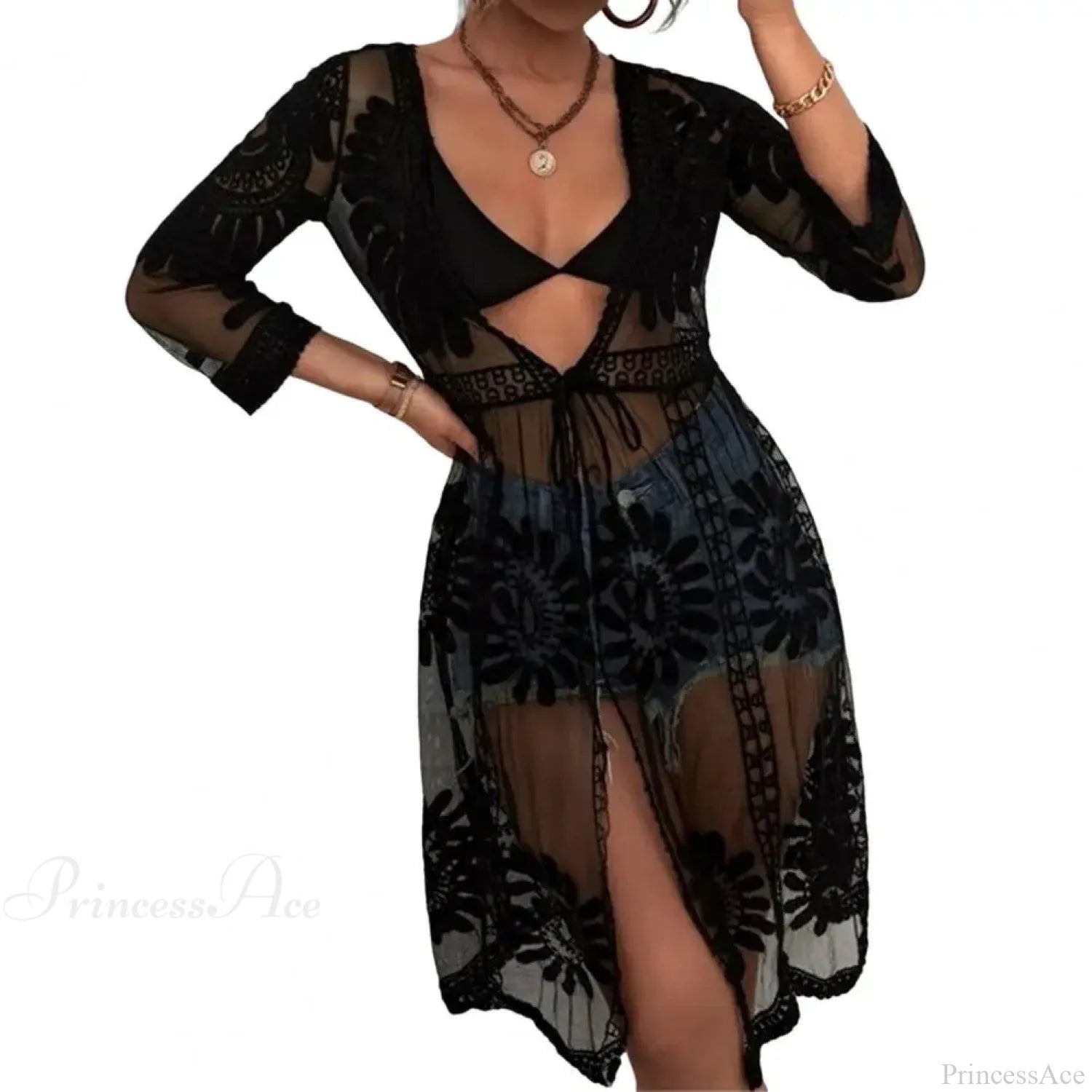Sleeve Lace-up Embroidery Bikini Cover Up Black / One Size