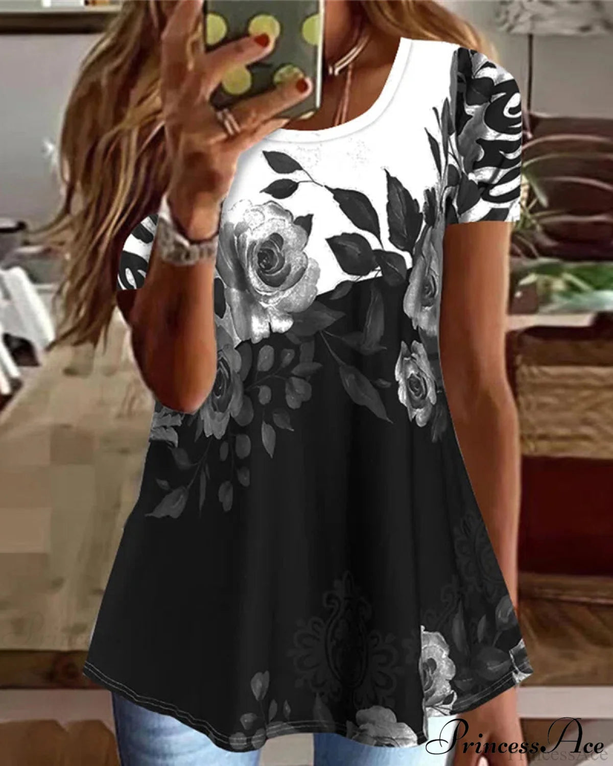 Floral print short sleeve crewneck t-shirt Black 23BF clothes Short Sleeve Tops Spring Summer T-shirts Tops/Blouses