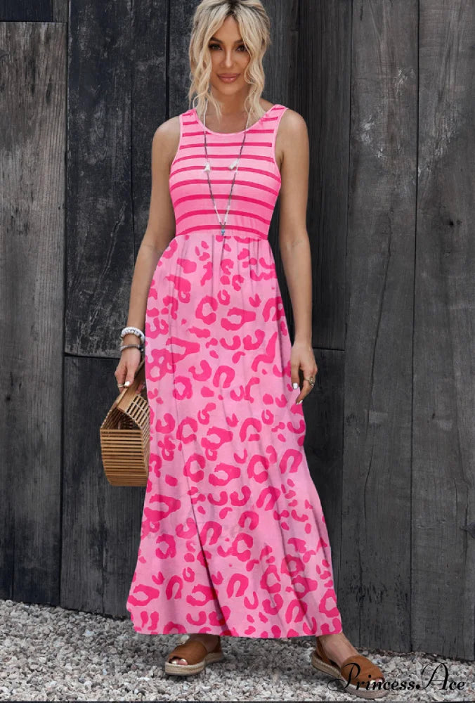 Sleeveless Contrast Striped Dress With Plant Flower Vest M / Black