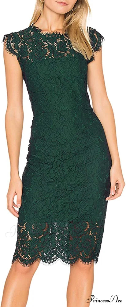 Sleeveless Lace Floral Elegant Crew Neck Knee Length Dress A-Dark Green / Small