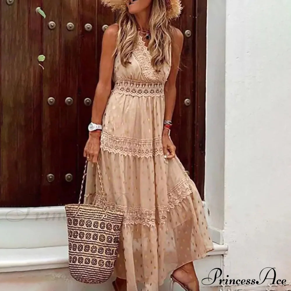 Women's Sleeveless Solid Color Lace Panel Dress Beige __stock:200 casual dresses clothes dresses refund_fee:1200