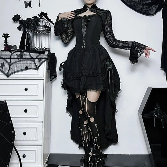 Sleeveless Lace Tuxedo High Low Midi Dress Black / S