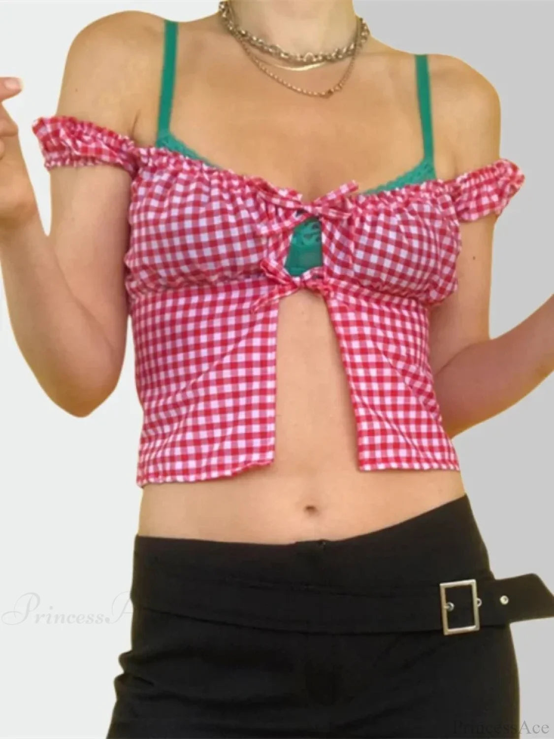 Sleeveless Plaid Square Neck Tie-up Blouse blouse-250126