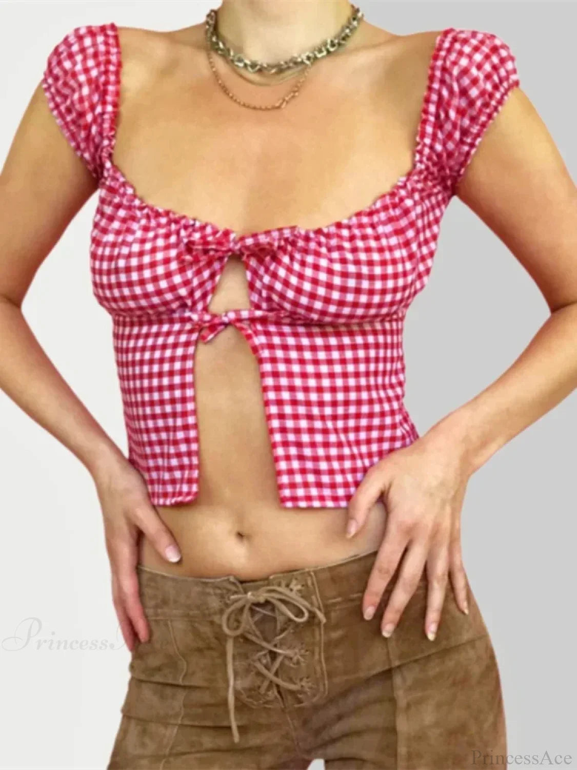 Sleeveless Plaid Square Neck Tie-up Blouse blouse-250126