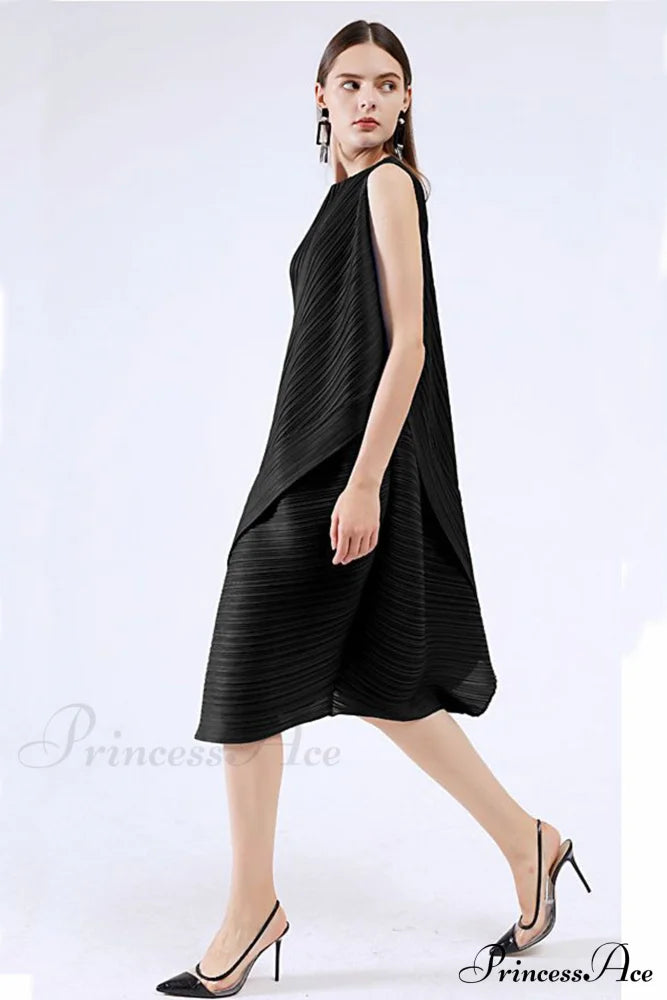 Sleeveless Pleated Midi Dress With Irregular Hem Dresses