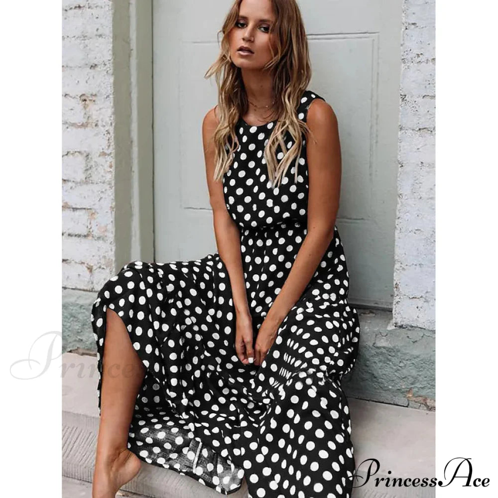 Women's Sleeveless Polka Dot Long Dress Black __stock:200 casual dresses clothes dresses refund_fee:1200