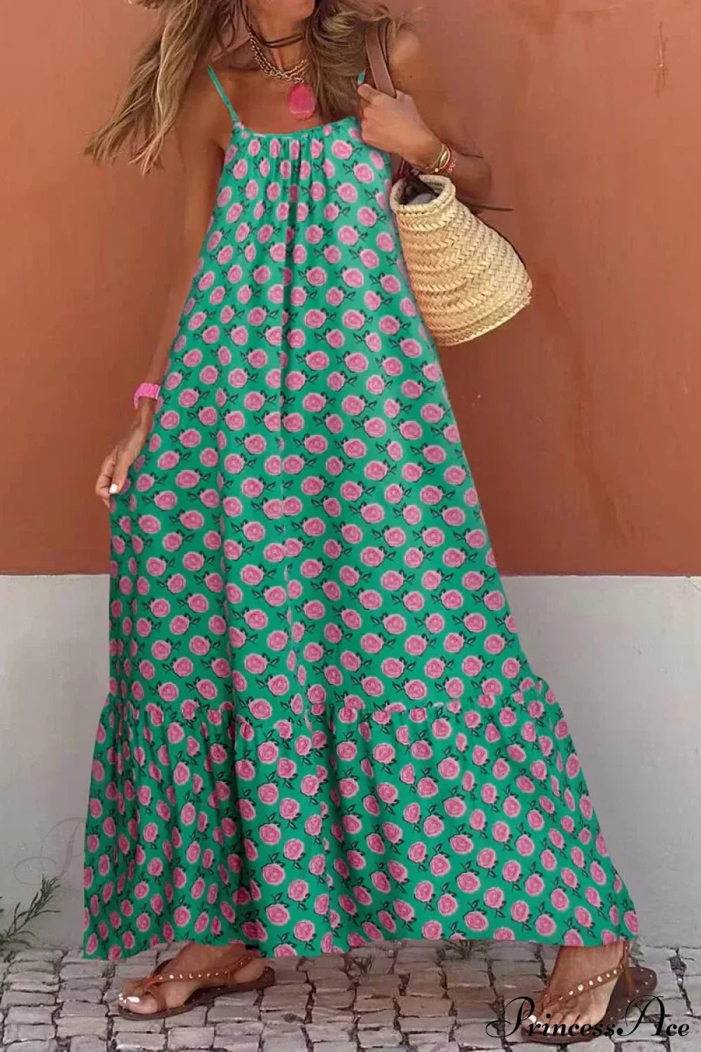 New Sleeveless Print Summer Spaghetti Strap Boho Dress Green / S