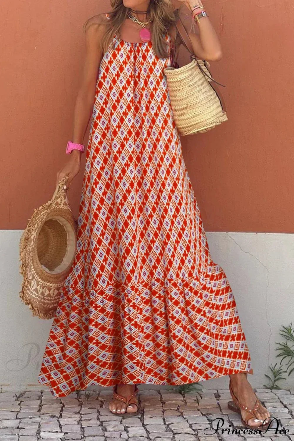 New Sleeveless Print Summer Spaghetti Strap Boho Dress Orange Red / S