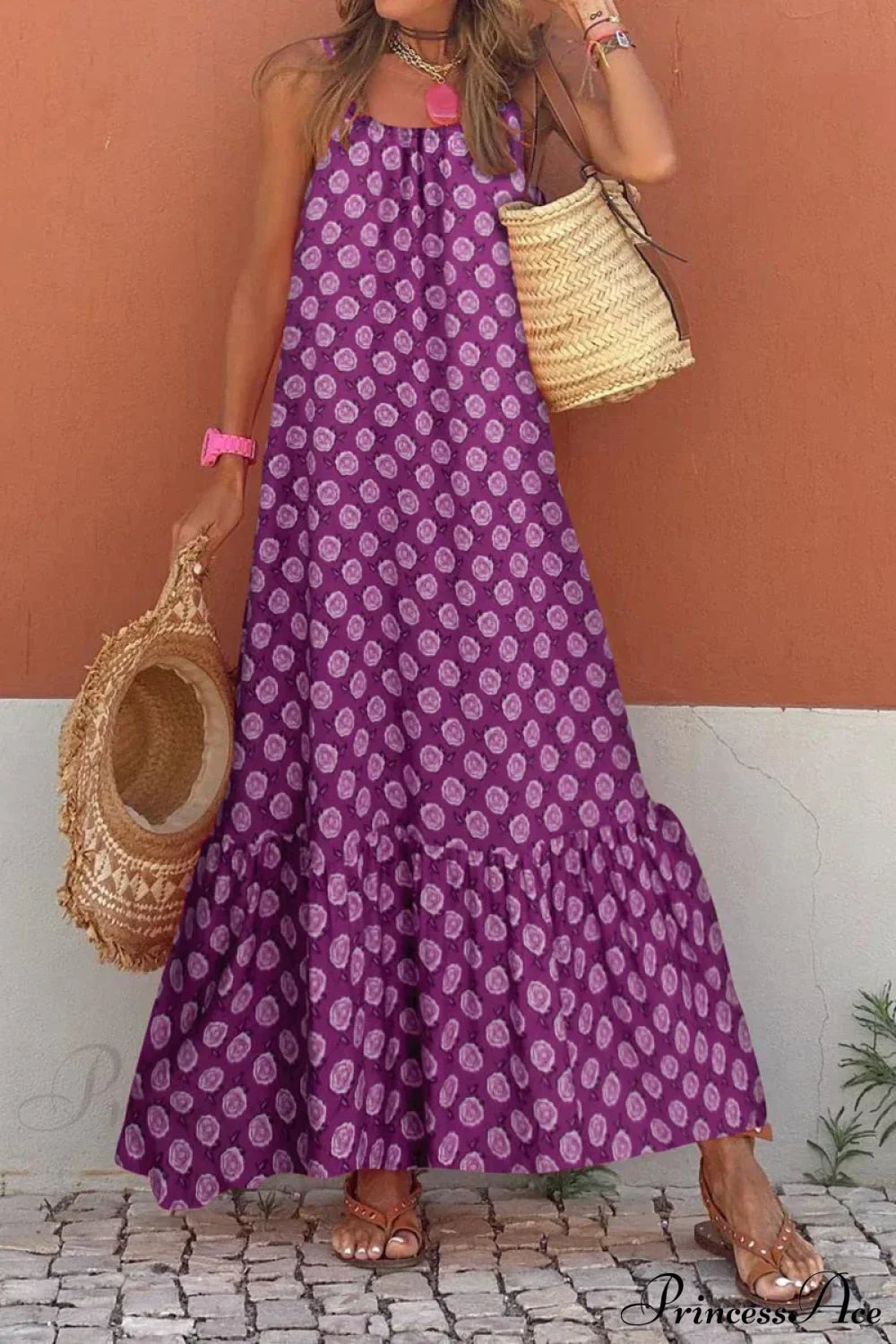 New Sleeveless Print Summer Spaghetti Strap Boho Dress Purple / S