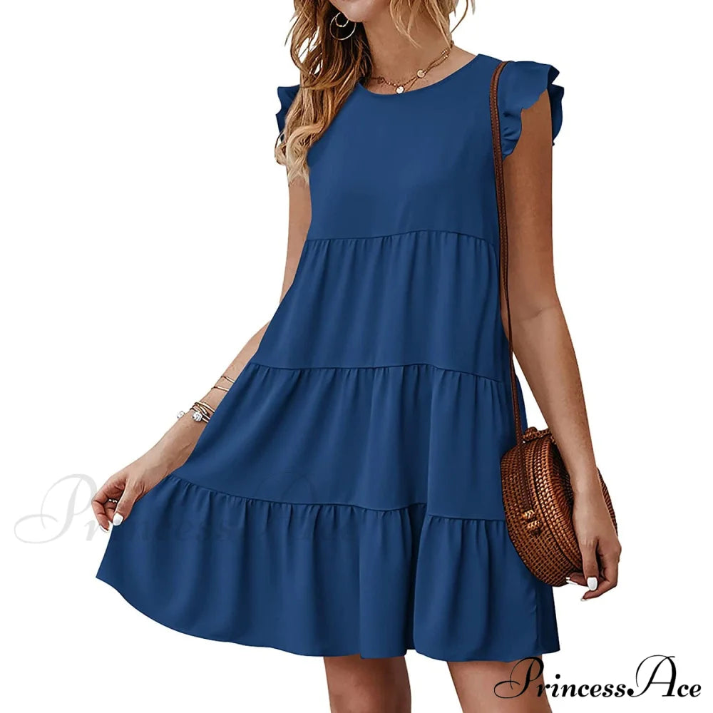 Women's Sleeveless Ruffle Sleeve Summer Dress Dark Blue __stock:200 casual dresses clothes dresses refund_fee:1200