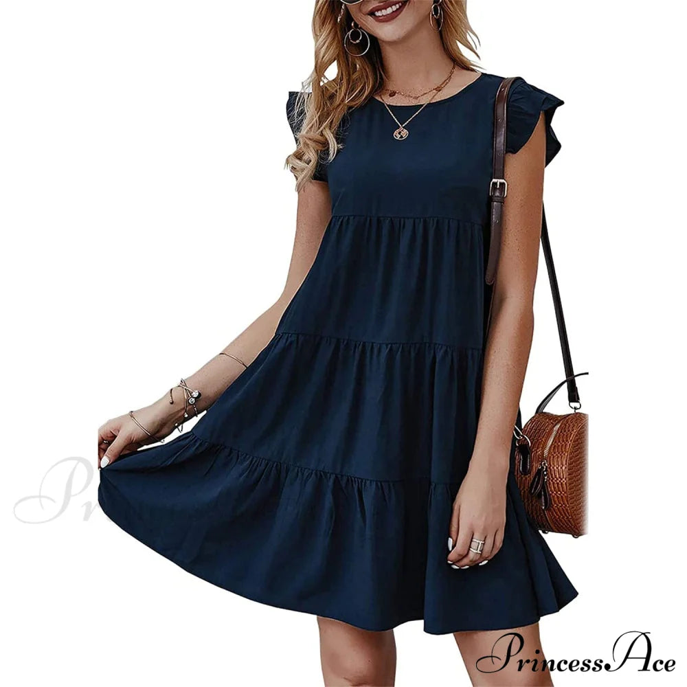Women's Sleeveless Ruffle Sleeve Summer Dress Navy __stock:200 casual dresses clothes dresses refund_fee:1200