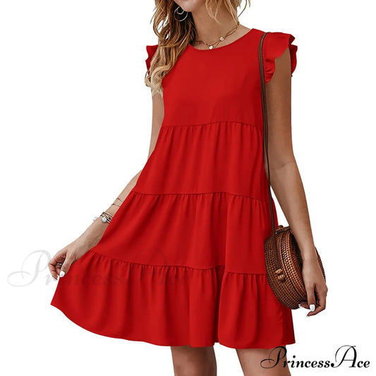 Women's Sleeveless Ruffle Sleeve Summer Dress Red __stock:200 casual dresses clothes dresses refund_fee:1200